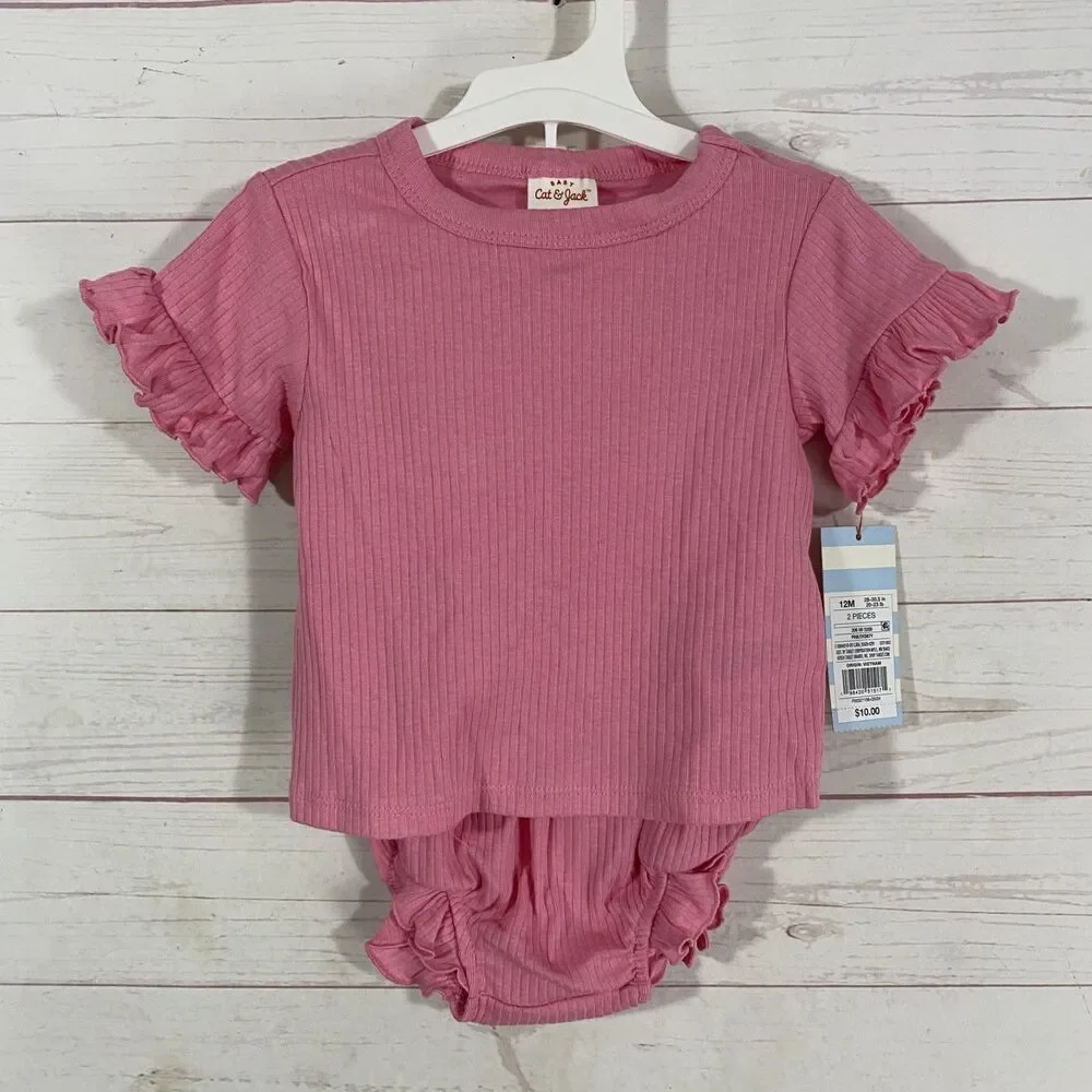 Cat & Jacket Baby Girls Short Sleeve 2 Piece Set Size 12 Months Pink Ruffled New